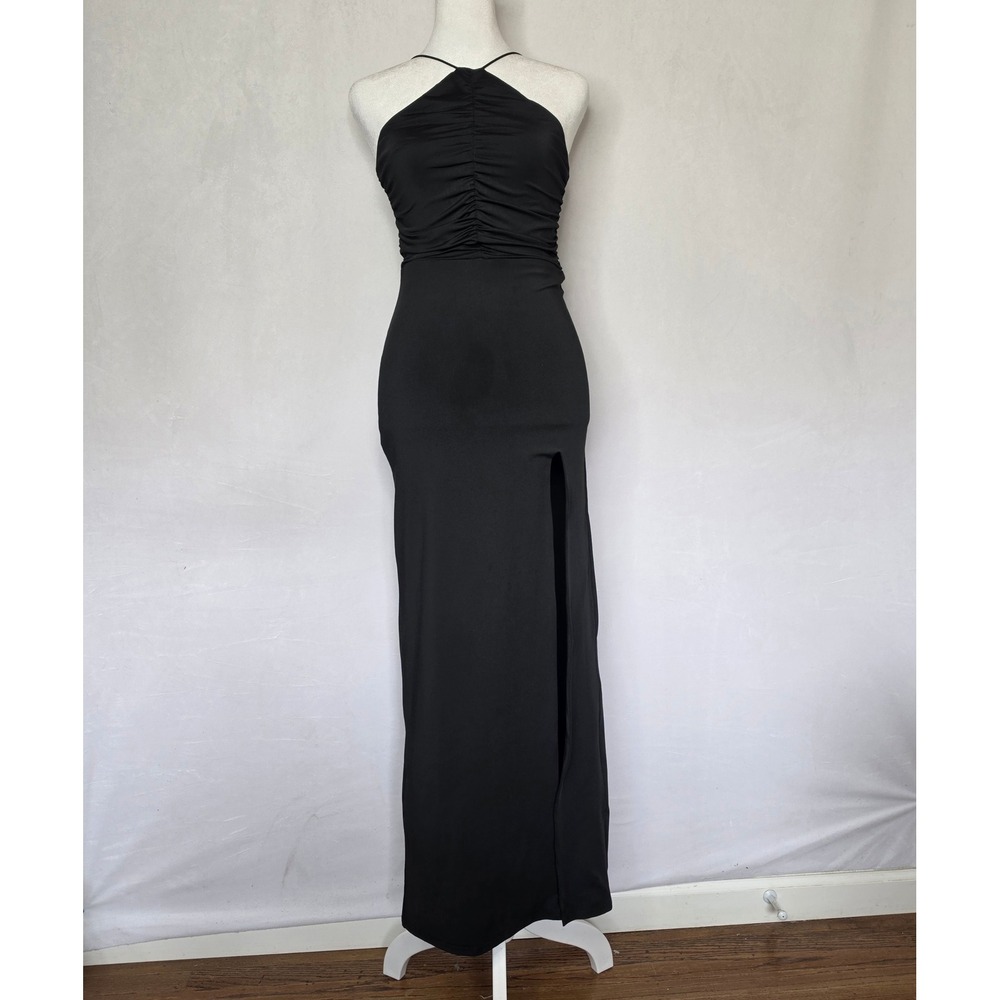 Olia black halter neck ruched maxi dress with high slit dark academia mob wife
